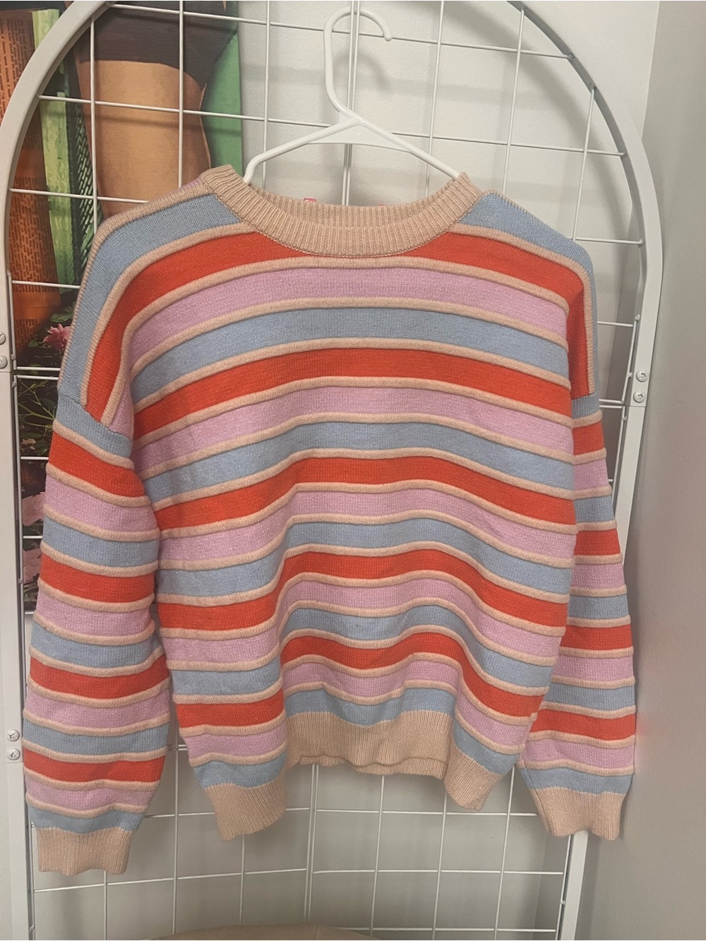 THML Striped Crewneck Sweater in Beige, Red, Lavender & Light Blue